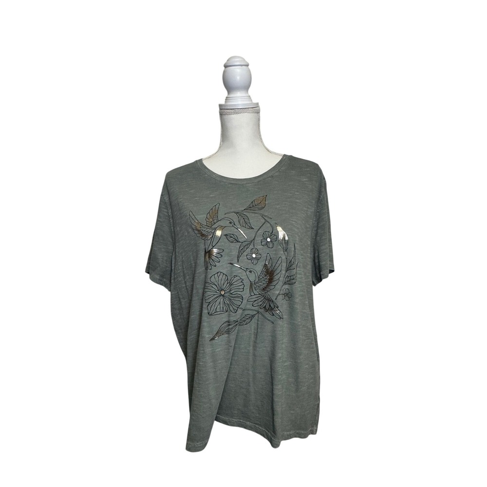Lucky Brand Women's Green and Gold Hummingbird T-Shirt 100% Cotton Size XXL